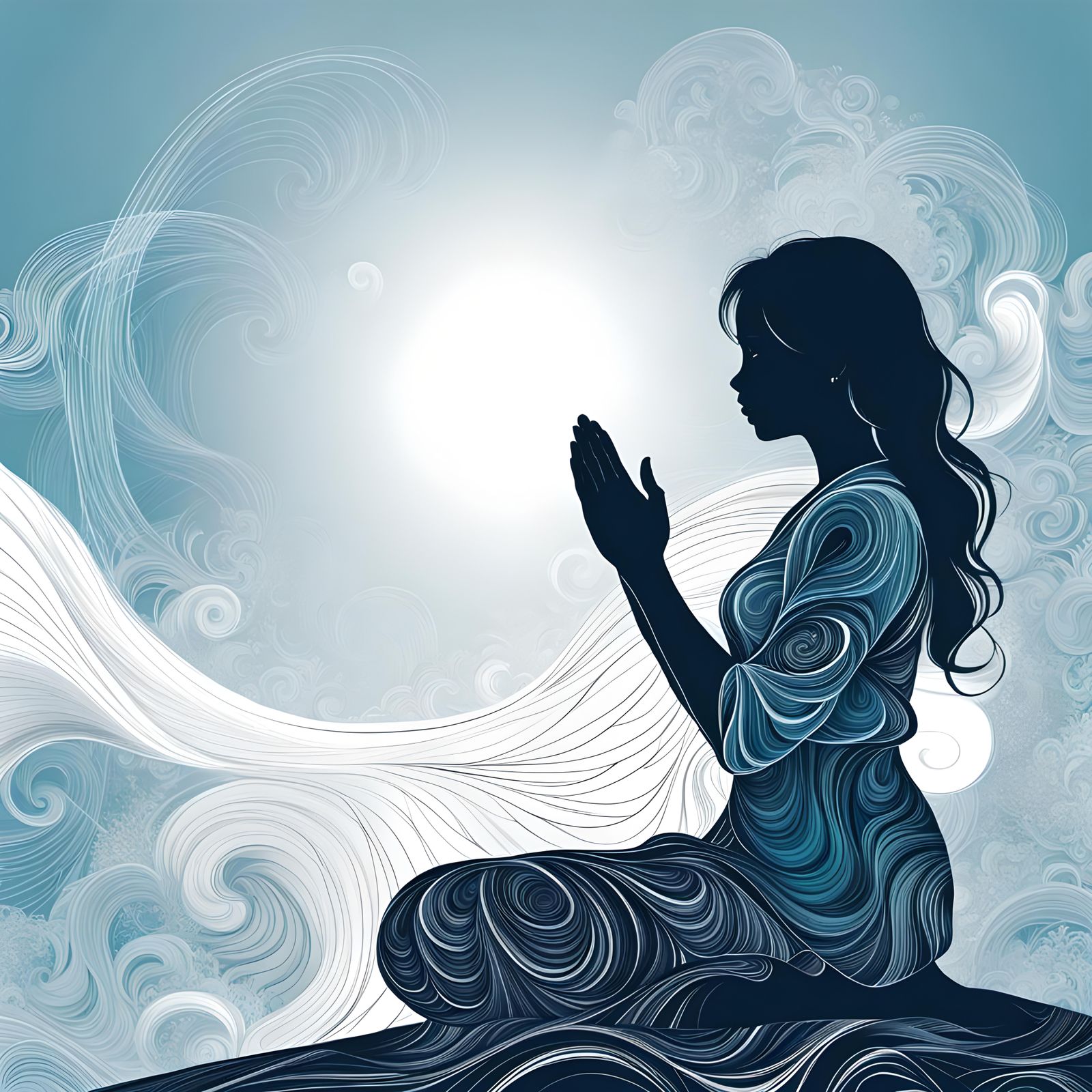 Silhouette Sketch of Praying Woman in Abstract Vector Art