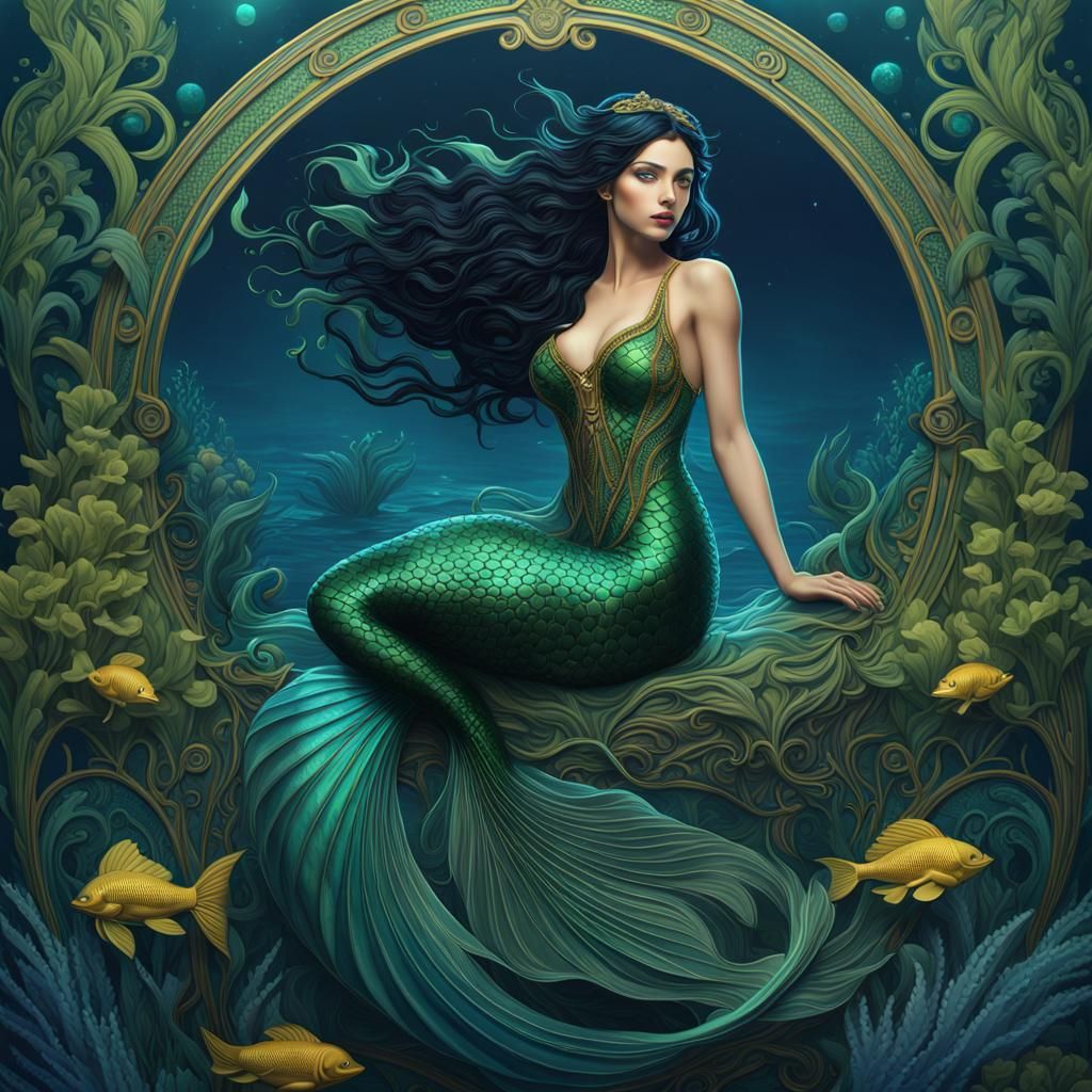 Art Nouveau Mermaid in Deep Blue Sea
