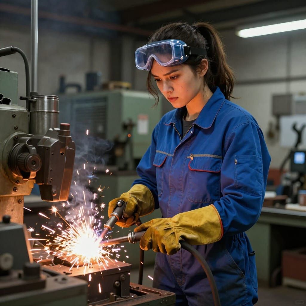Young Woman Welding in Industrial Workshop