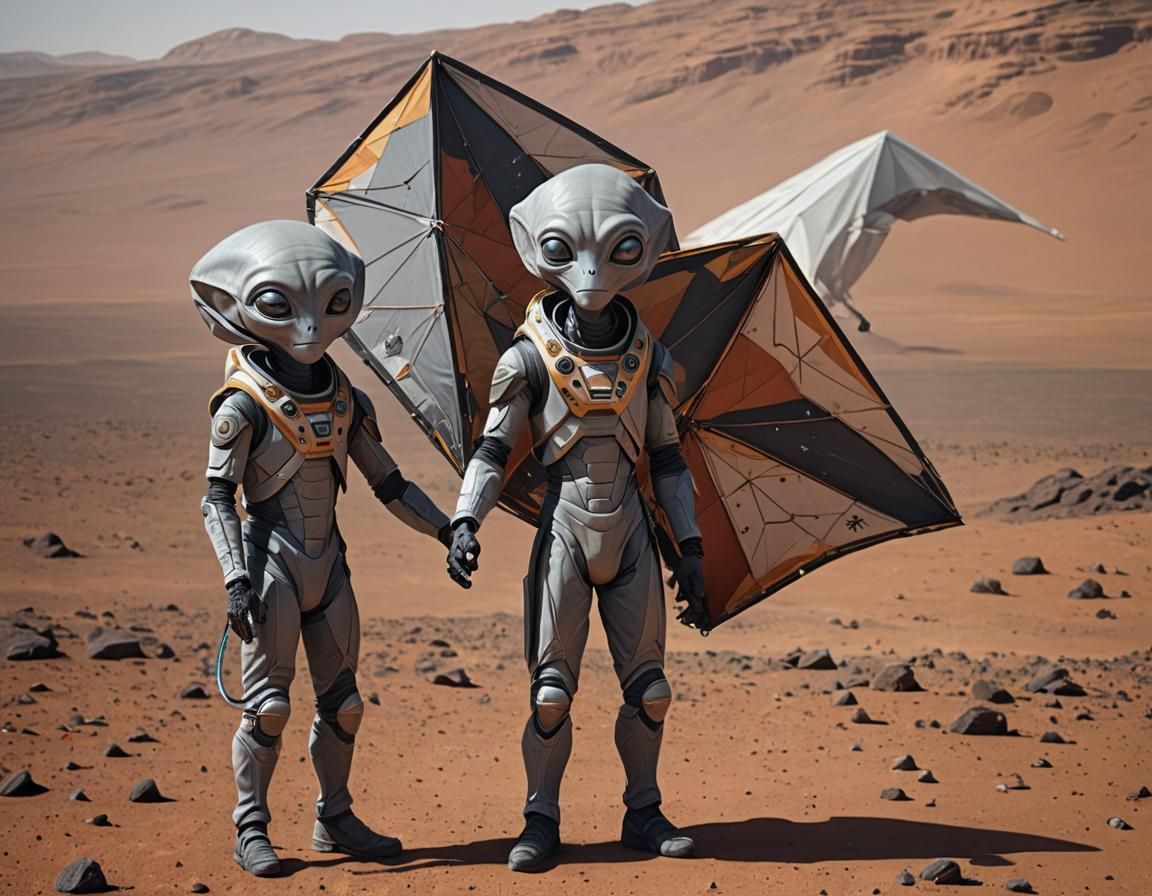 2 grey aliens holding kites on mars