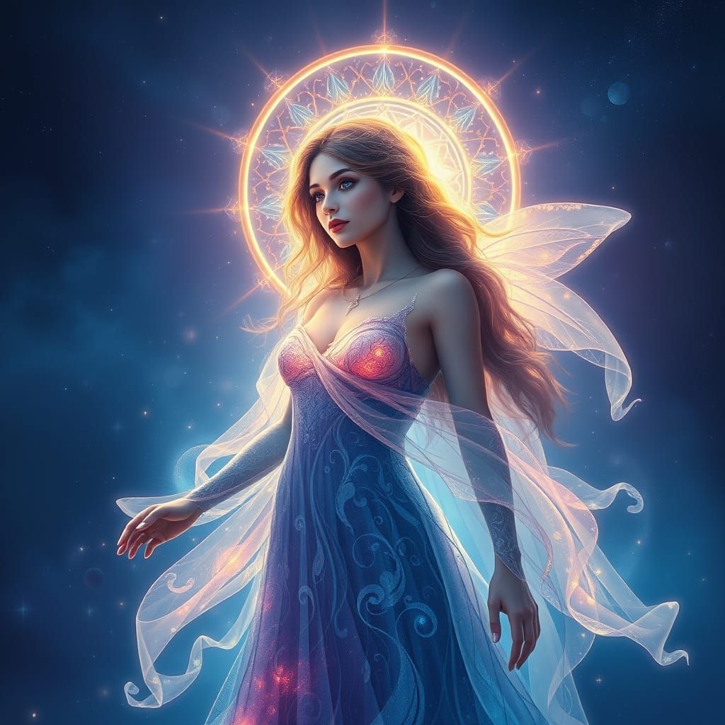 Ethereal Goddess in Iridescent Gown Against Celestial Backdr...