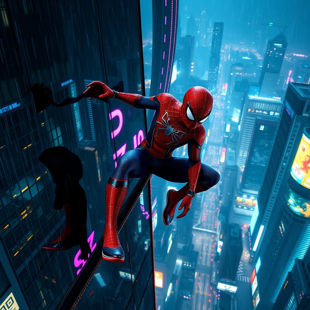 Neo-Noir Spider-Man soars on the Edge of a Rainy City