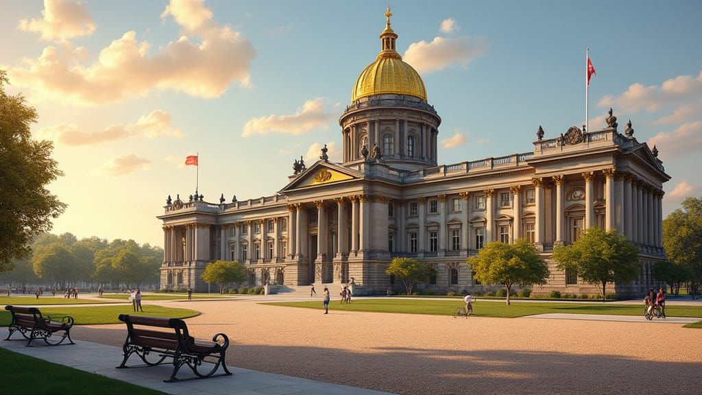 Neoclassical Government Building with Gold Dome at Dawn