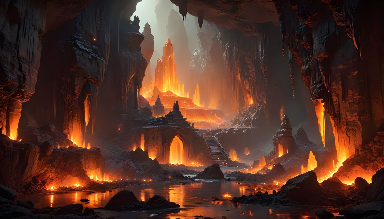 Ancient Fortress in a Luminous Cavern, Submerged in Fiery De...