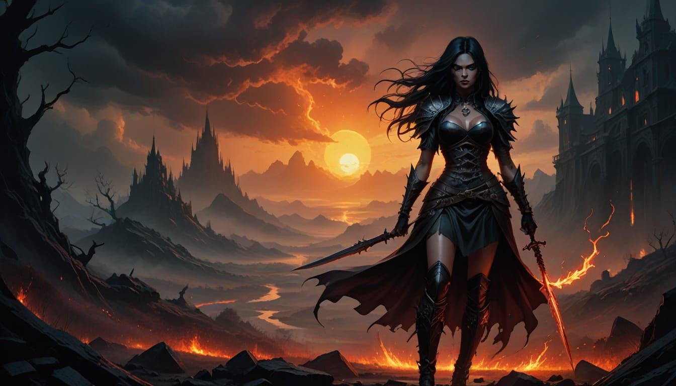 Glowing Female Warrior in Dark Fantasy Landscape