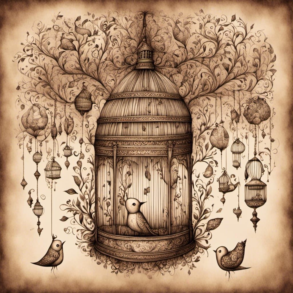 Whimsical Birdcage Doodle with Two Birds