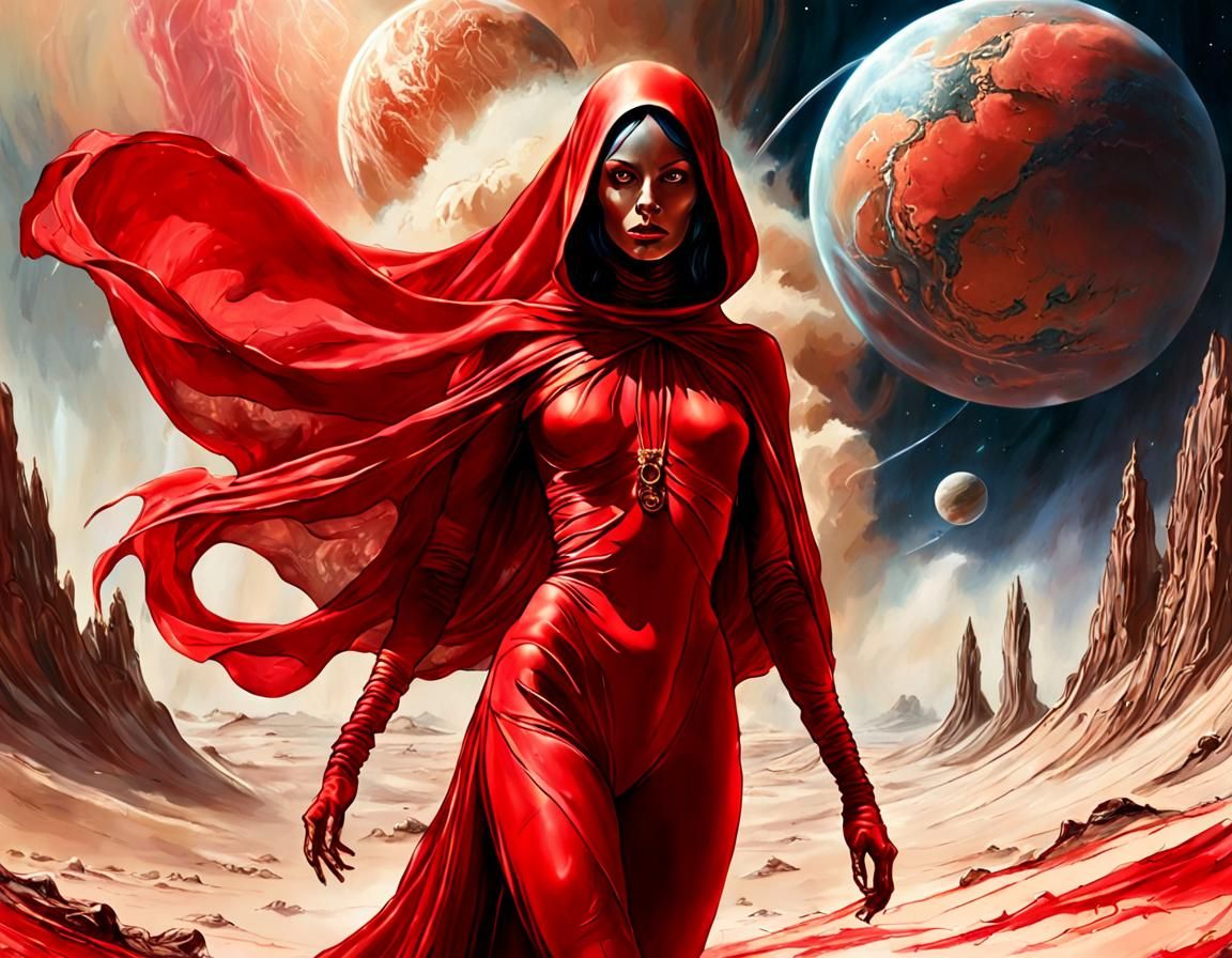Red Veiled Alien Girl in Retrofuturistic Sci-Fi Art