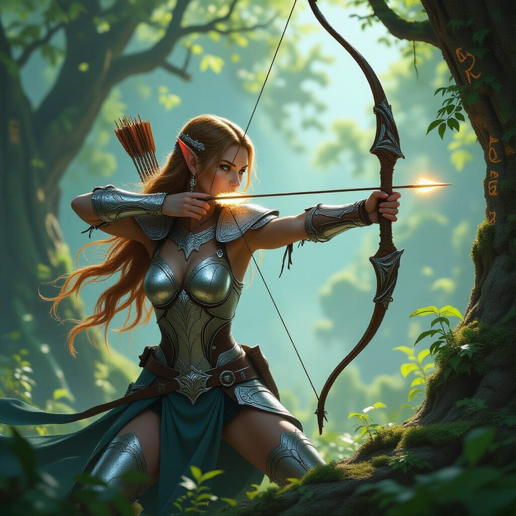 Elven Huntress in Sun-Dappled Forest, Matte Painting