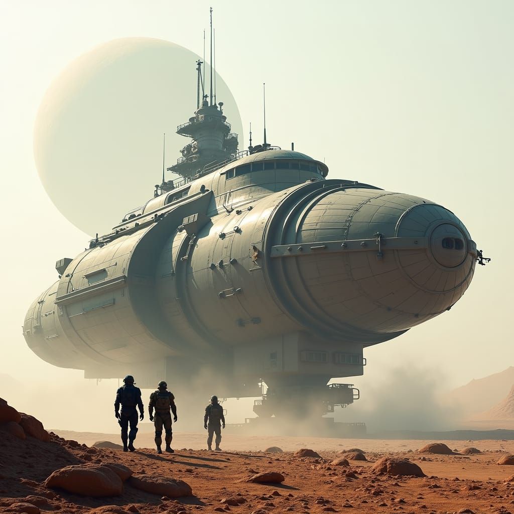 Futuristic Spacecraft on Barren Planet with Soldiers