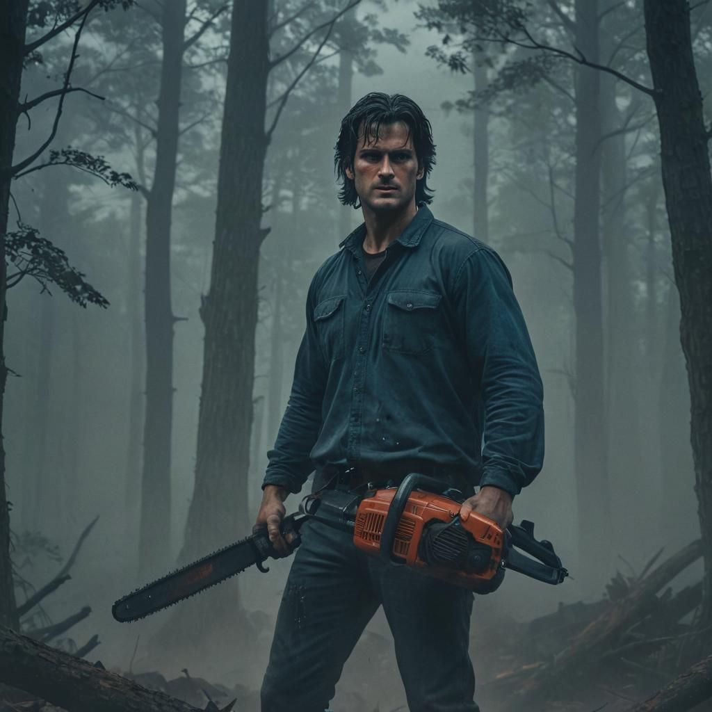 Ash Williams with Long Hair in a Dark Anime Landscape