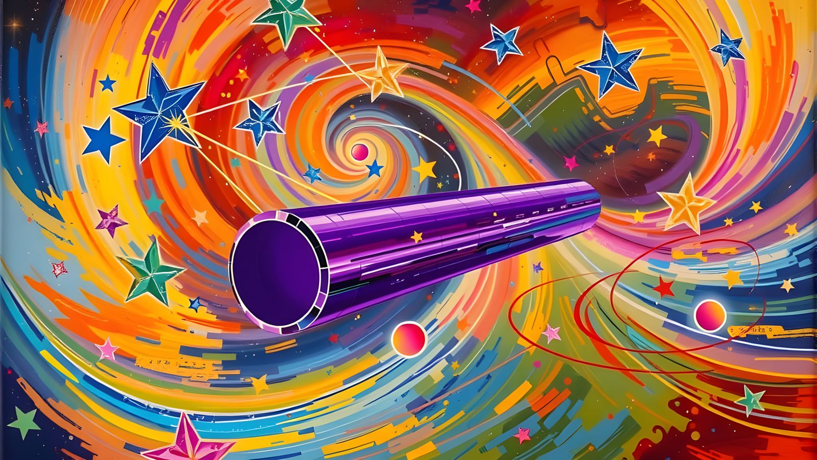 Spinning Metallic Cylinder Racing Through Impasto Cosmos