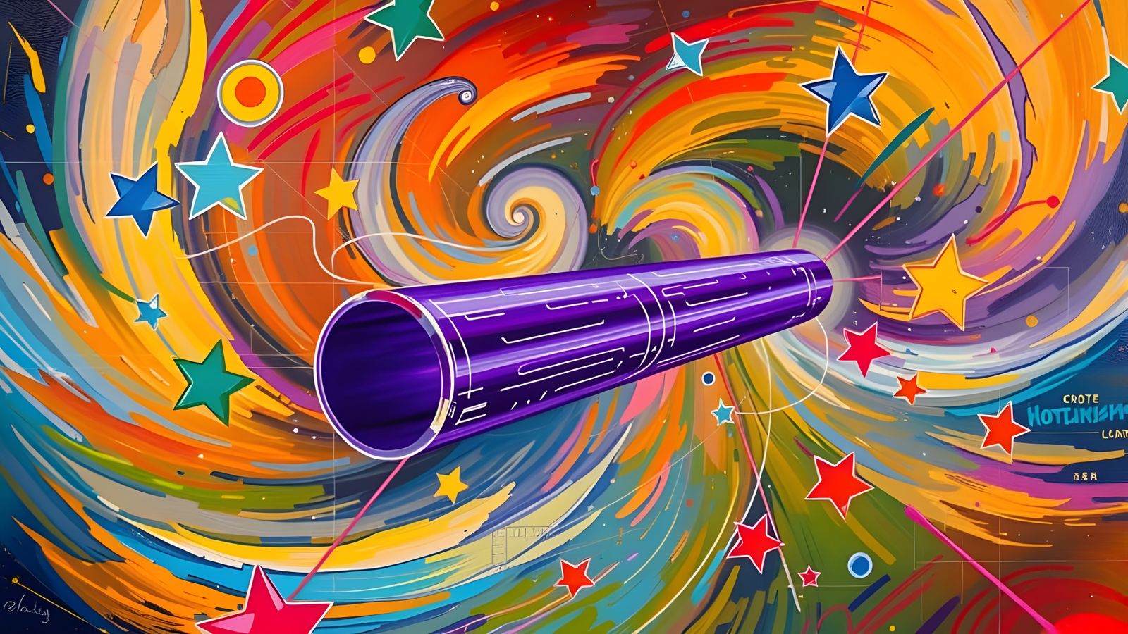 Dynamic Metallic Cylinder Racing Through Impasto Cosmos