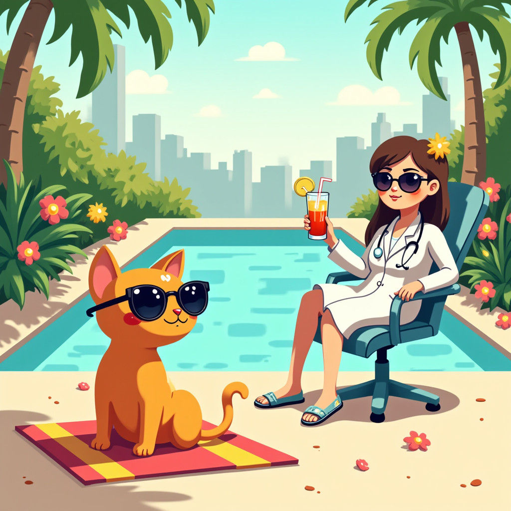 Cat Lounging Poolside in Modigliani-Hockney Style