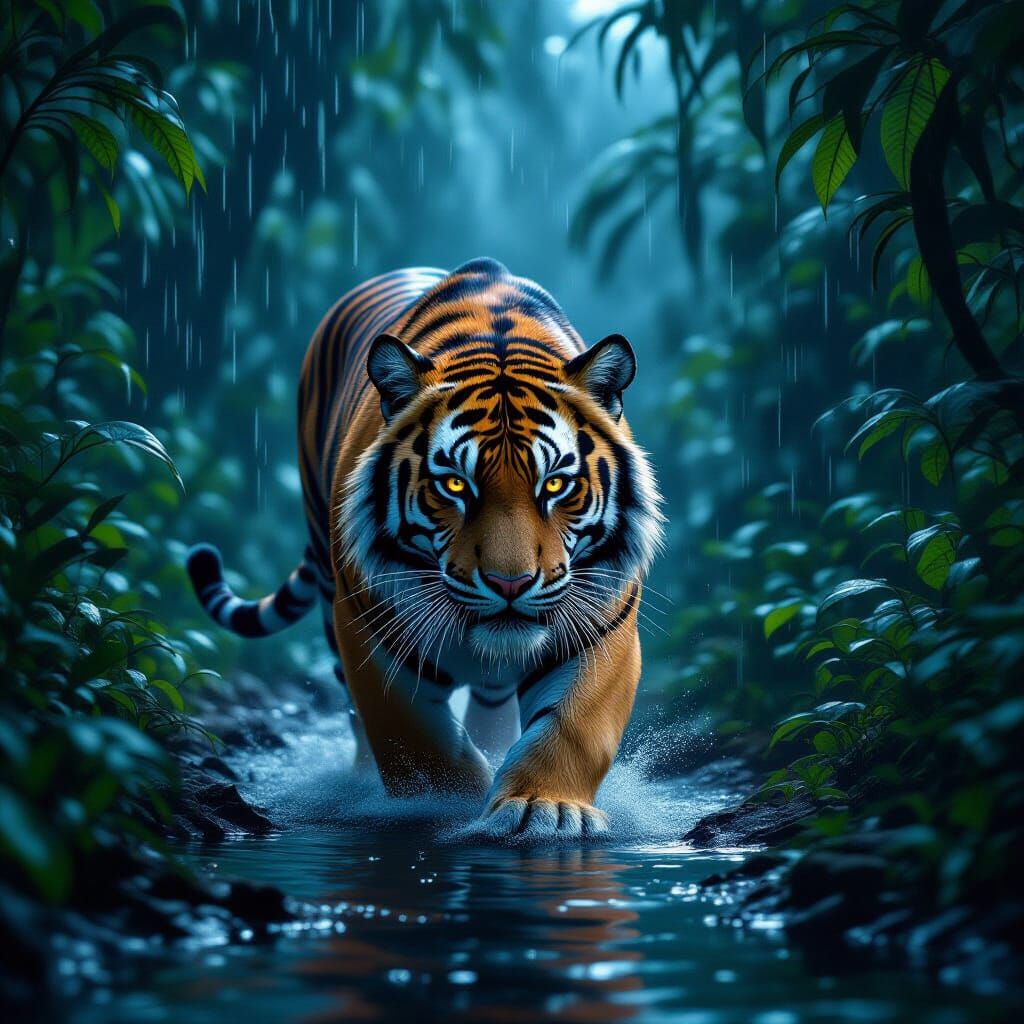 Tiger Prowling Jungle at Night in Hyperrealism