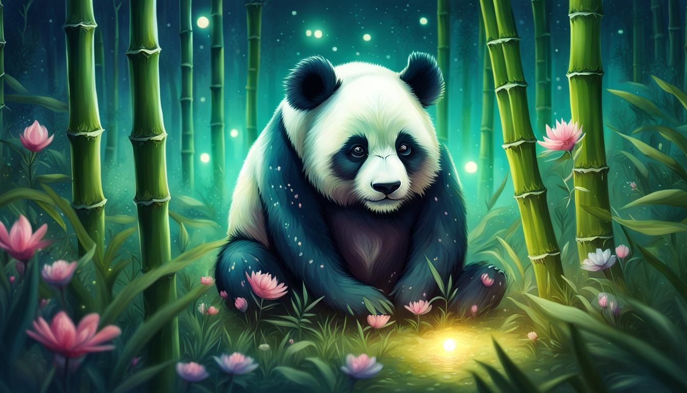 Fantasy Panda in Moonlit Bamboo Forest Watercolor