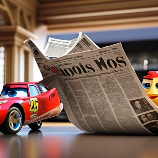 Chicken and Lightning McQueen Read Newspaper