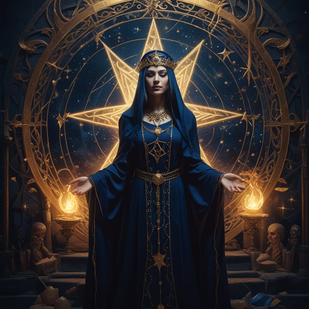 High Priestess on Pentagram in Mystical Fantasy Art