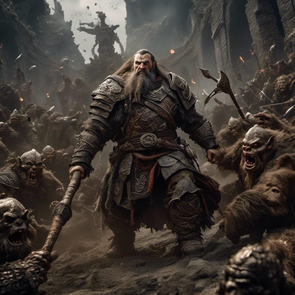 Dwarf Warrior Charging Orcs in Dark Fantasy Realism