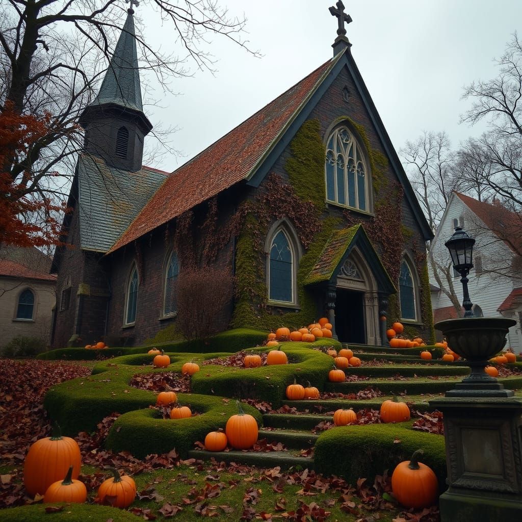 Gothic Victorian Church in Autumnal Halloween Decor
