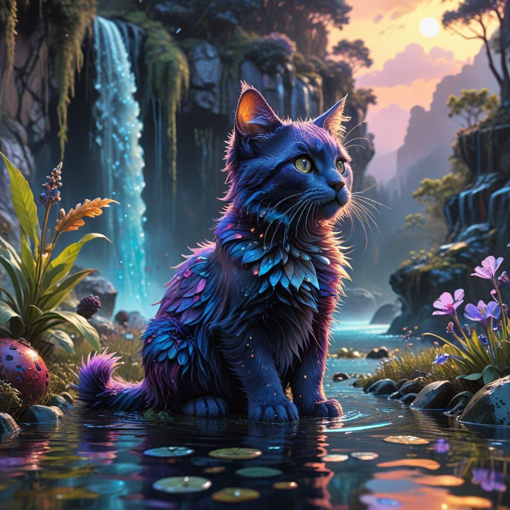 Whimsical Fantasy Blackberry Kitten in Solarpunk Landscape