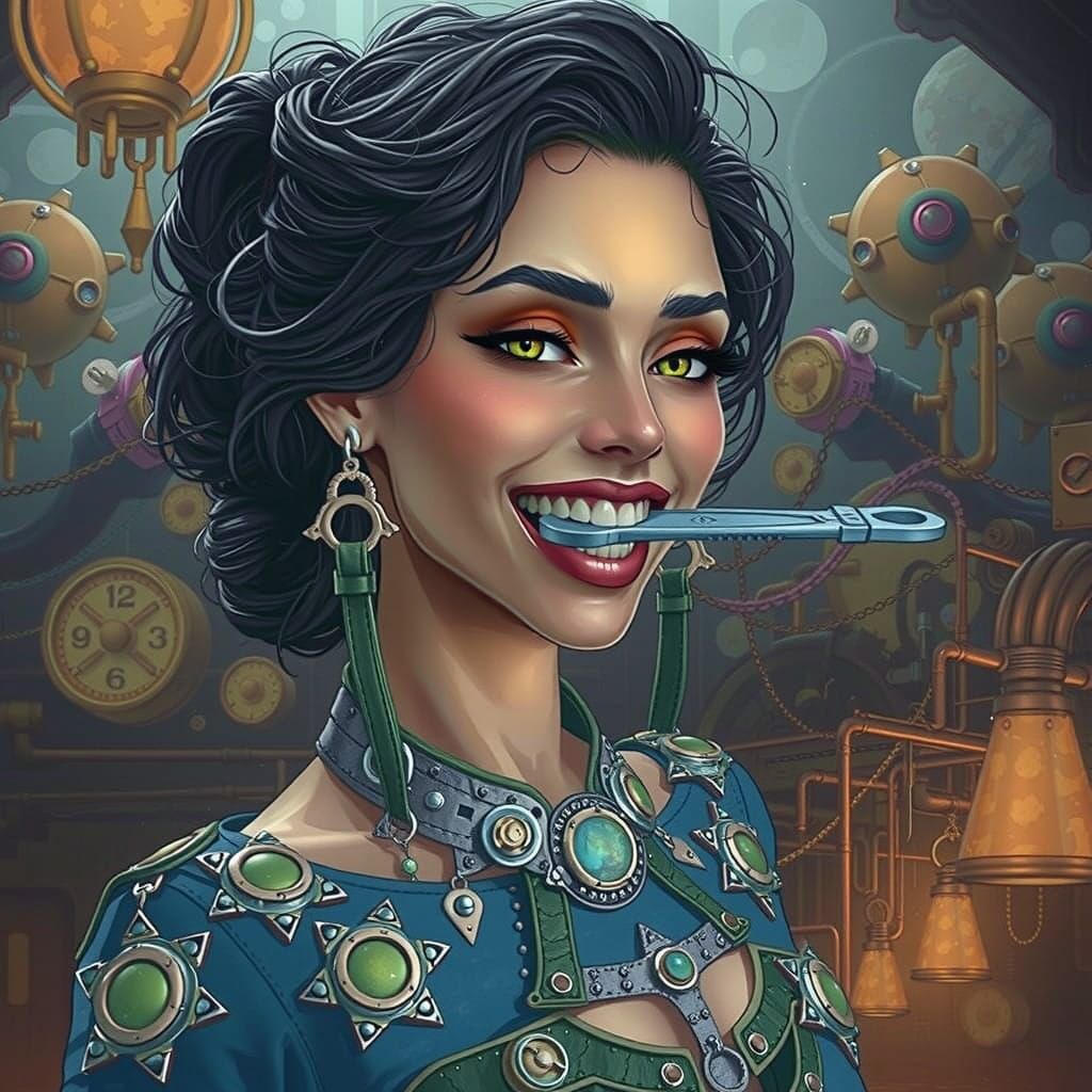 Woman Amidst Brass Machines and Copper Wires