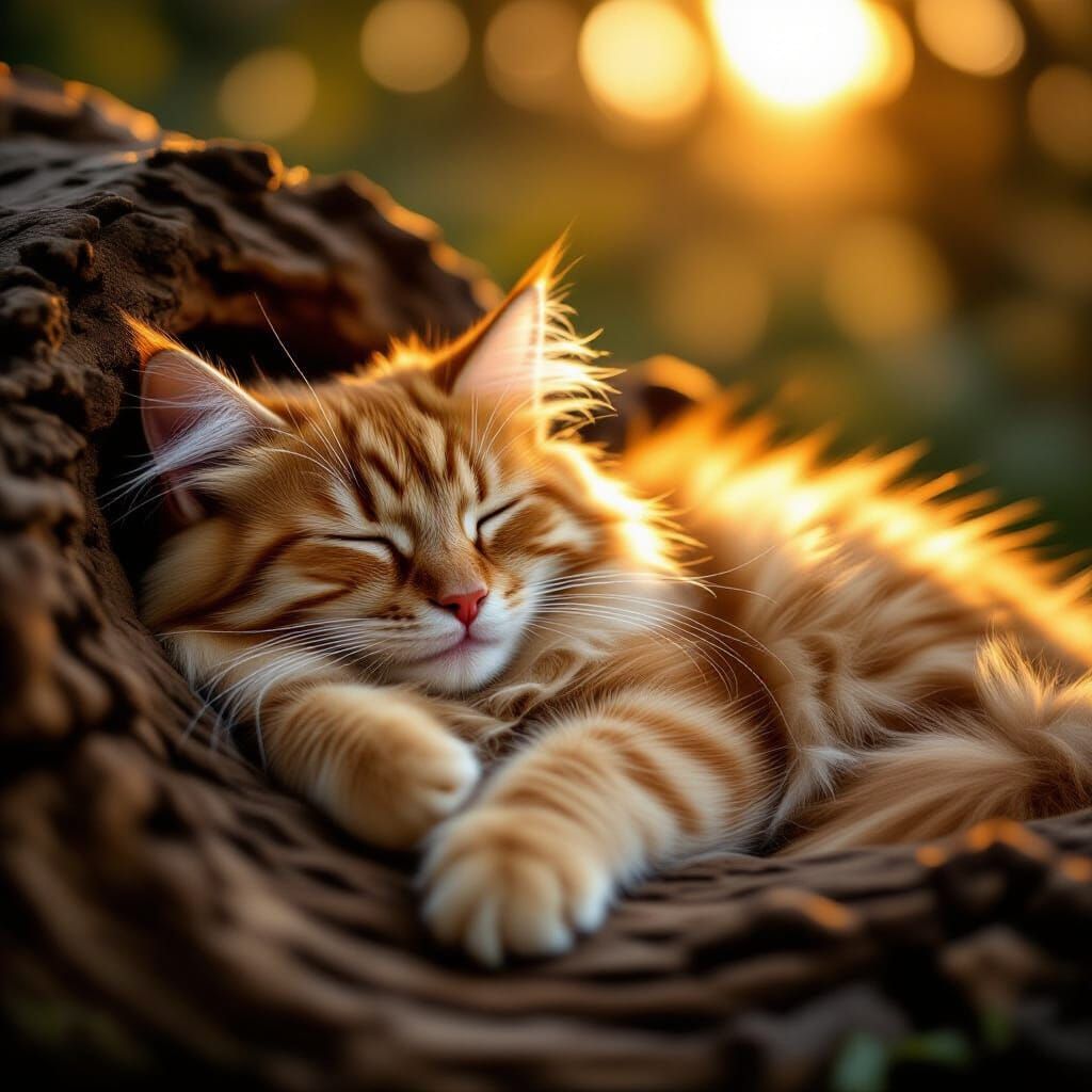 Fluffy Ginger Cat Asleep in Log at Sunset