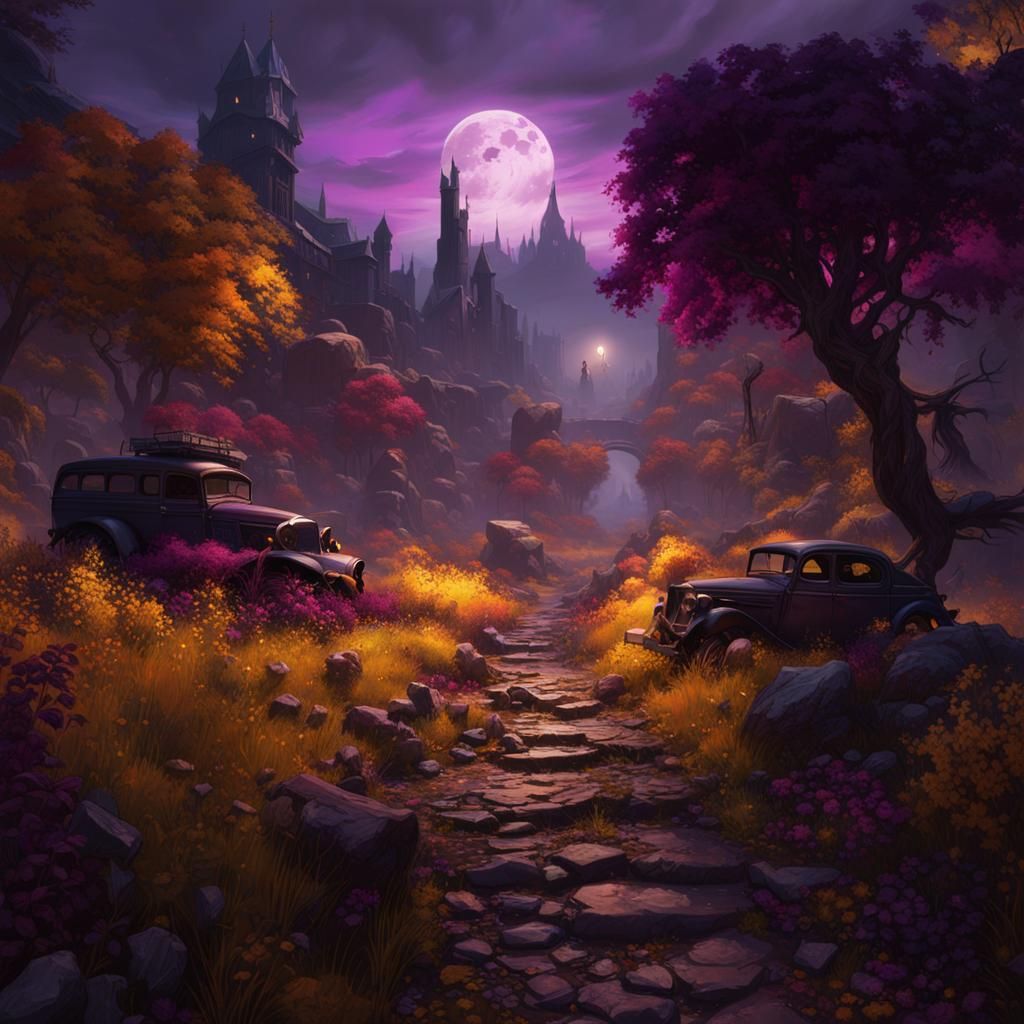 Zombie Horde on a Dark Road in Art Nouveau Style