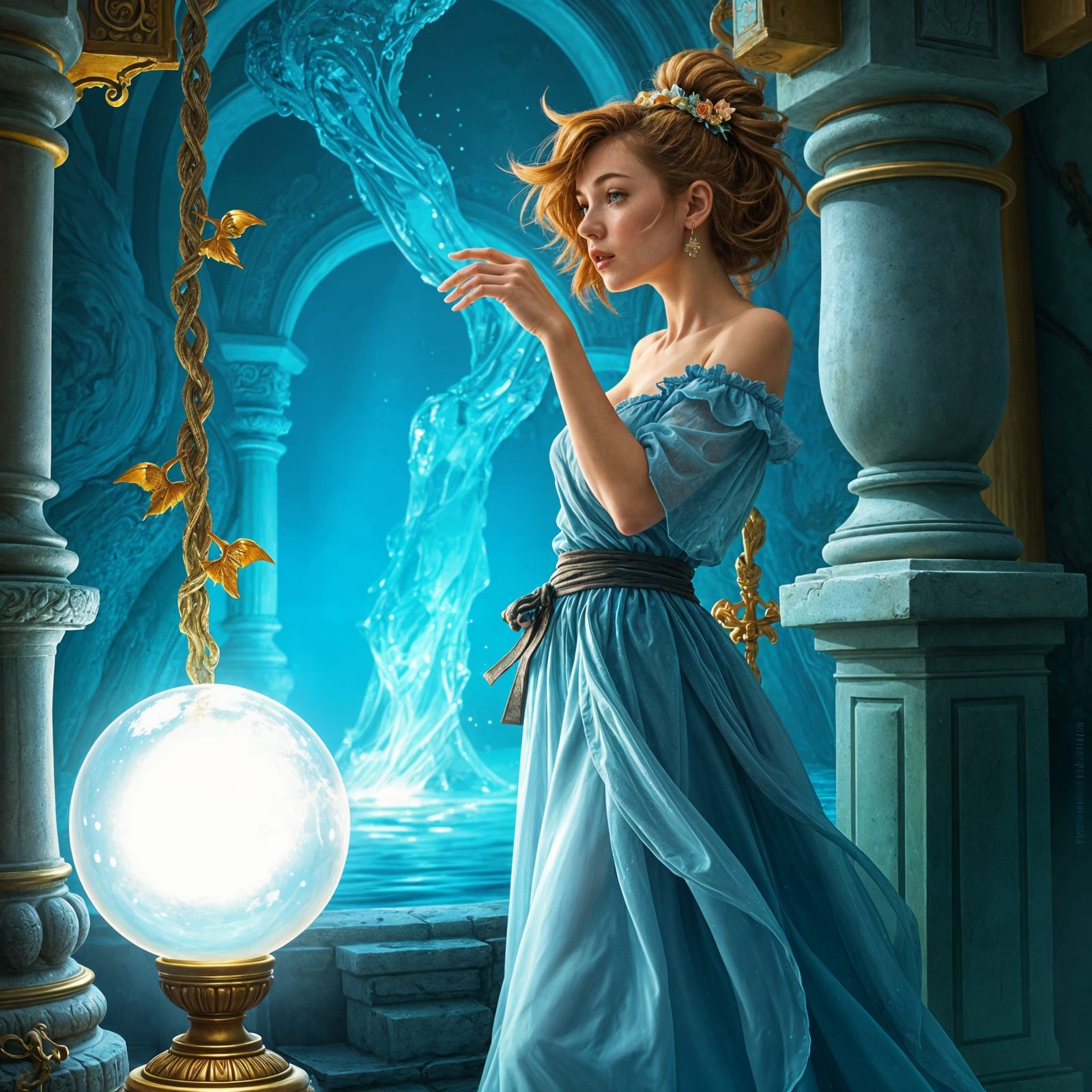Fantasy Wench in Water Temple with Glowing Orb