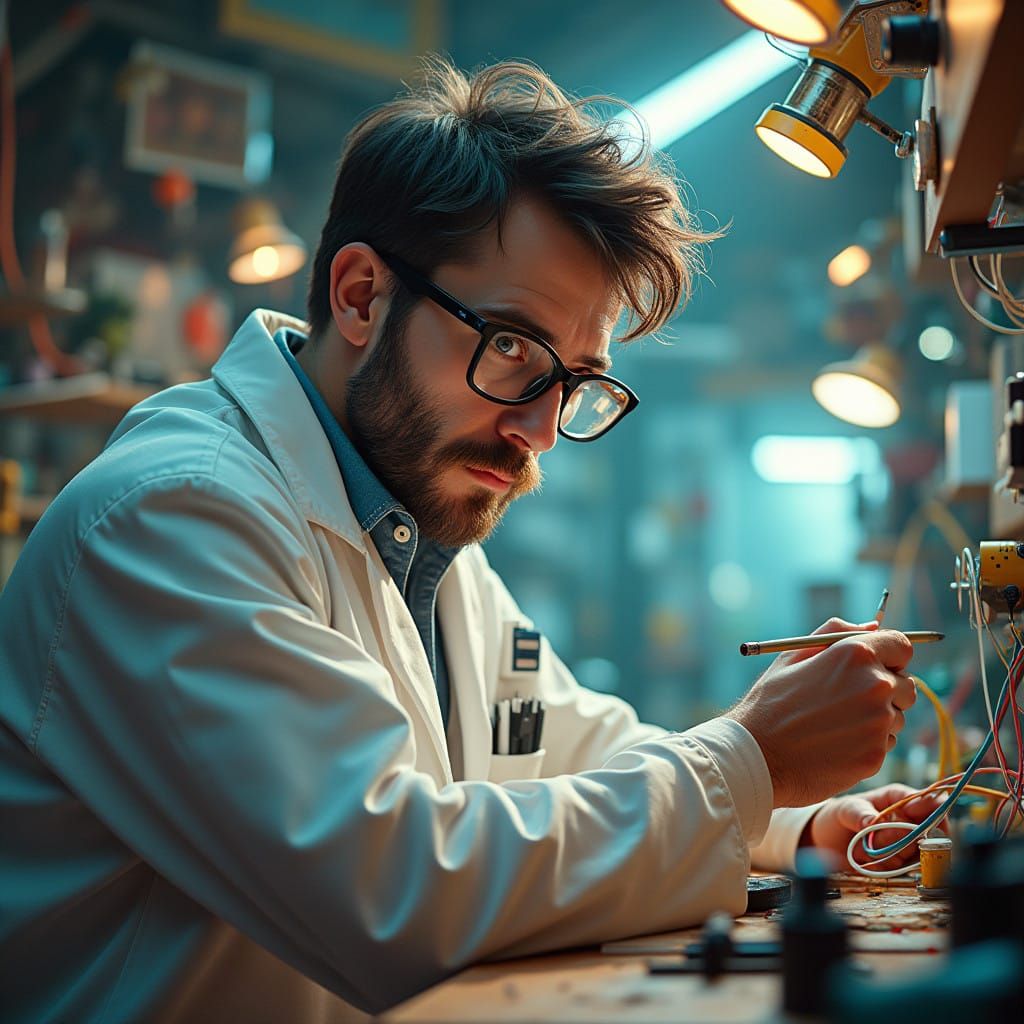 Surreal Scientist in a Vibrant Sci-Fi Lab