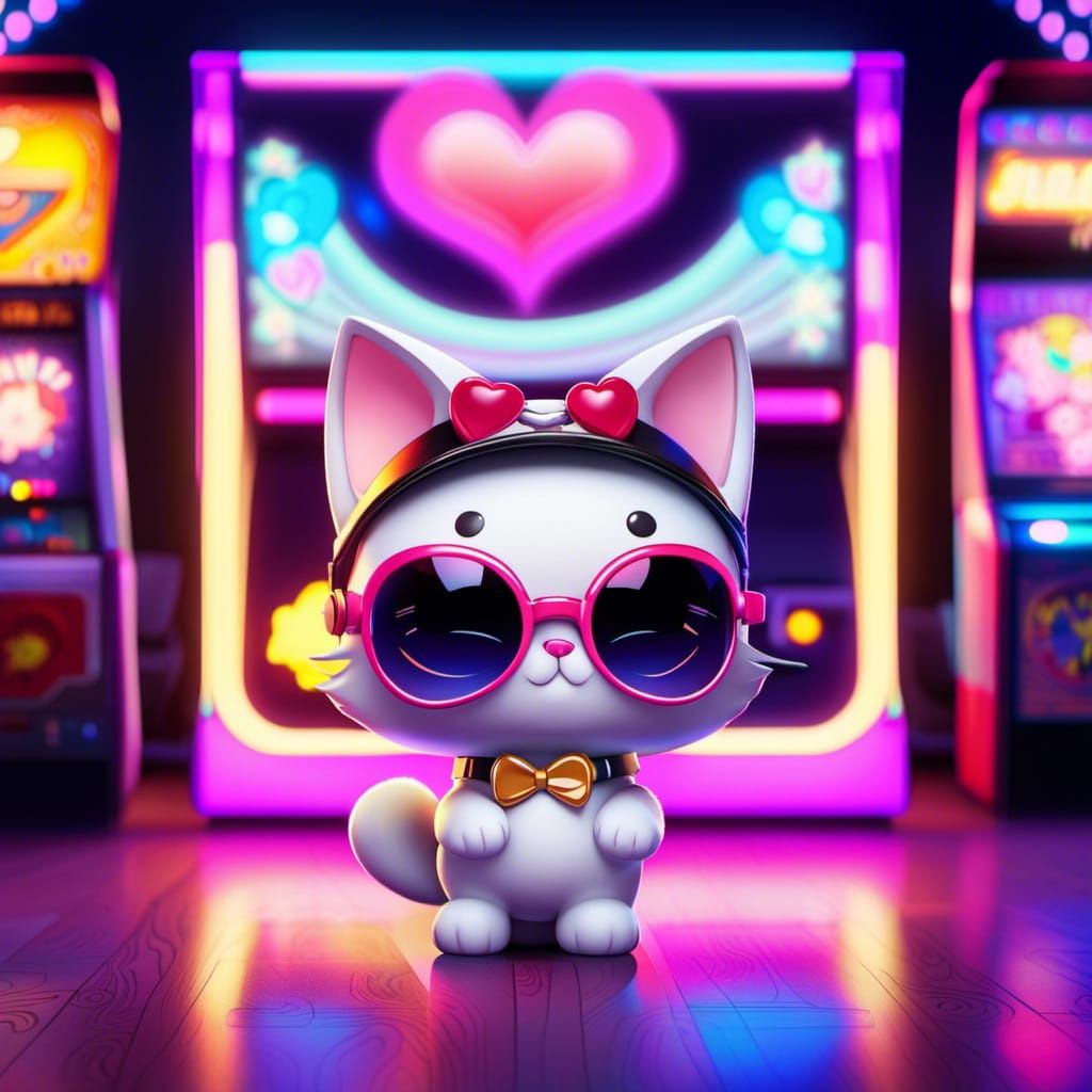 Kawaii Cat Gamer in Eighties Neon Arcade