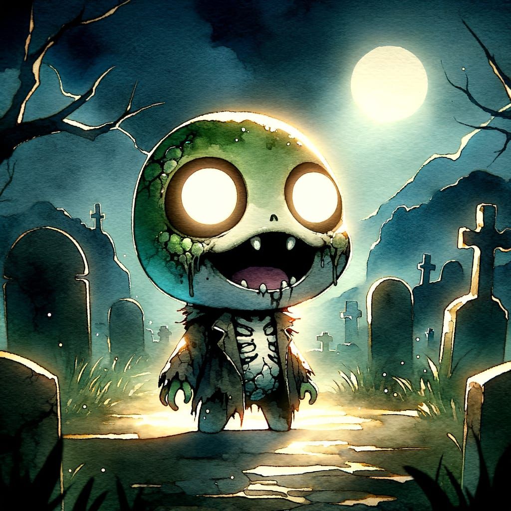 Undead Chibi Frog in Graveyard: Watercolor Art