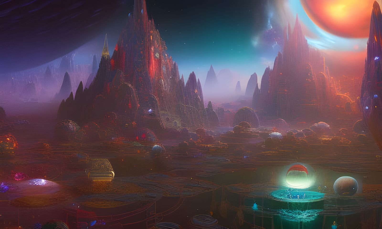 Cosmic Village Floating on Islands in Space
