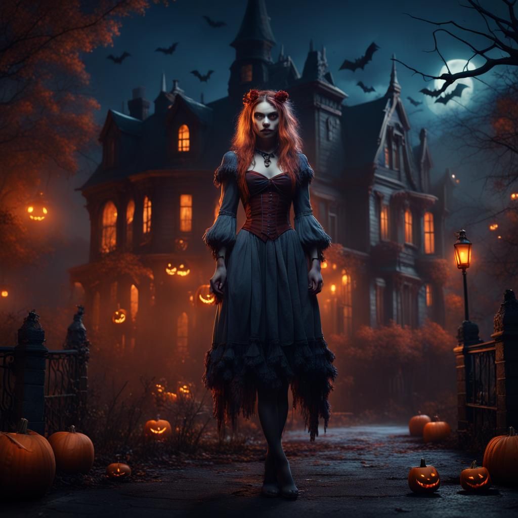 Halloween Girl at Night: Detailed Matte Painting