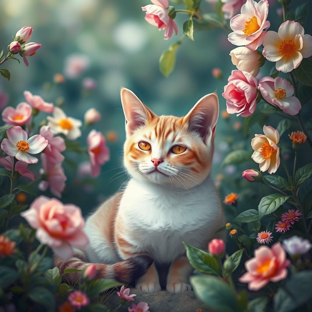 Dreamy Feline in Vibrant Garden Scene