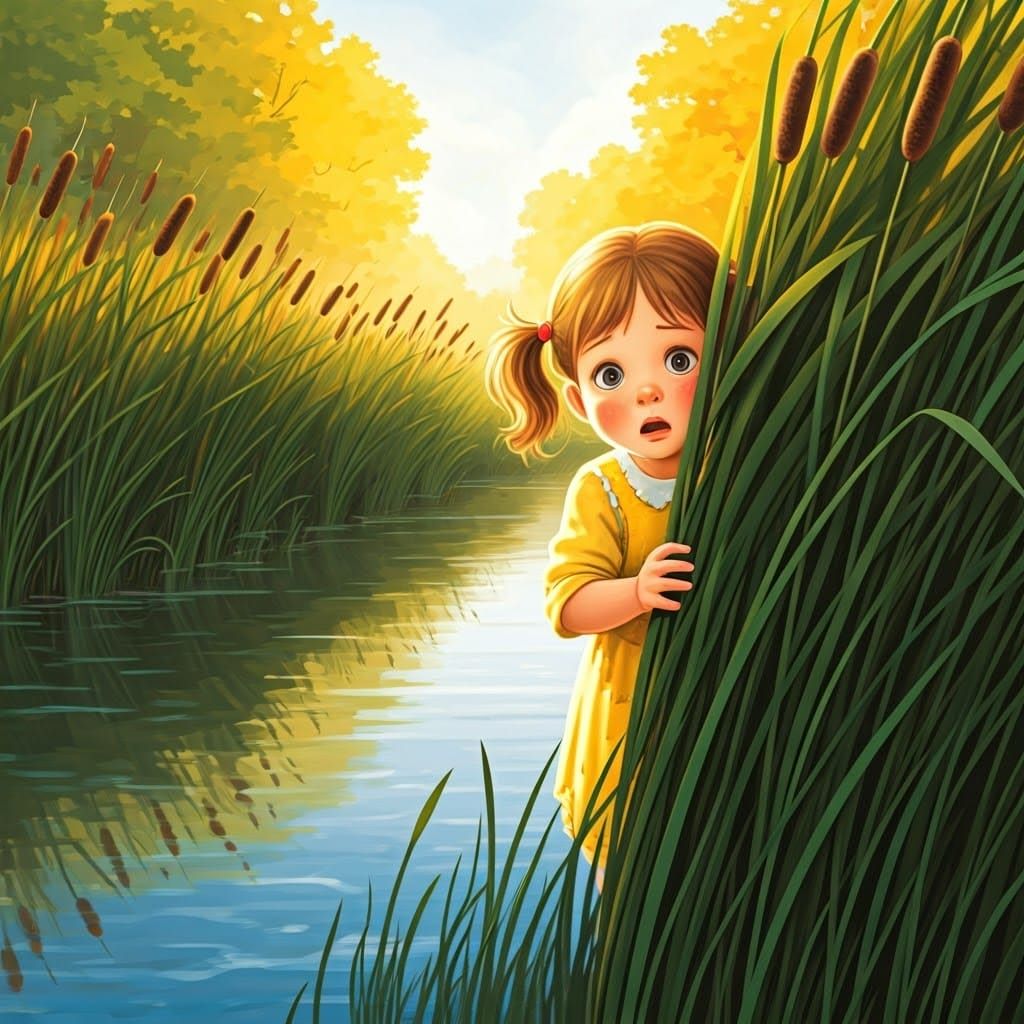Whimsical Girl Peers Out from Riverbank Hideaway