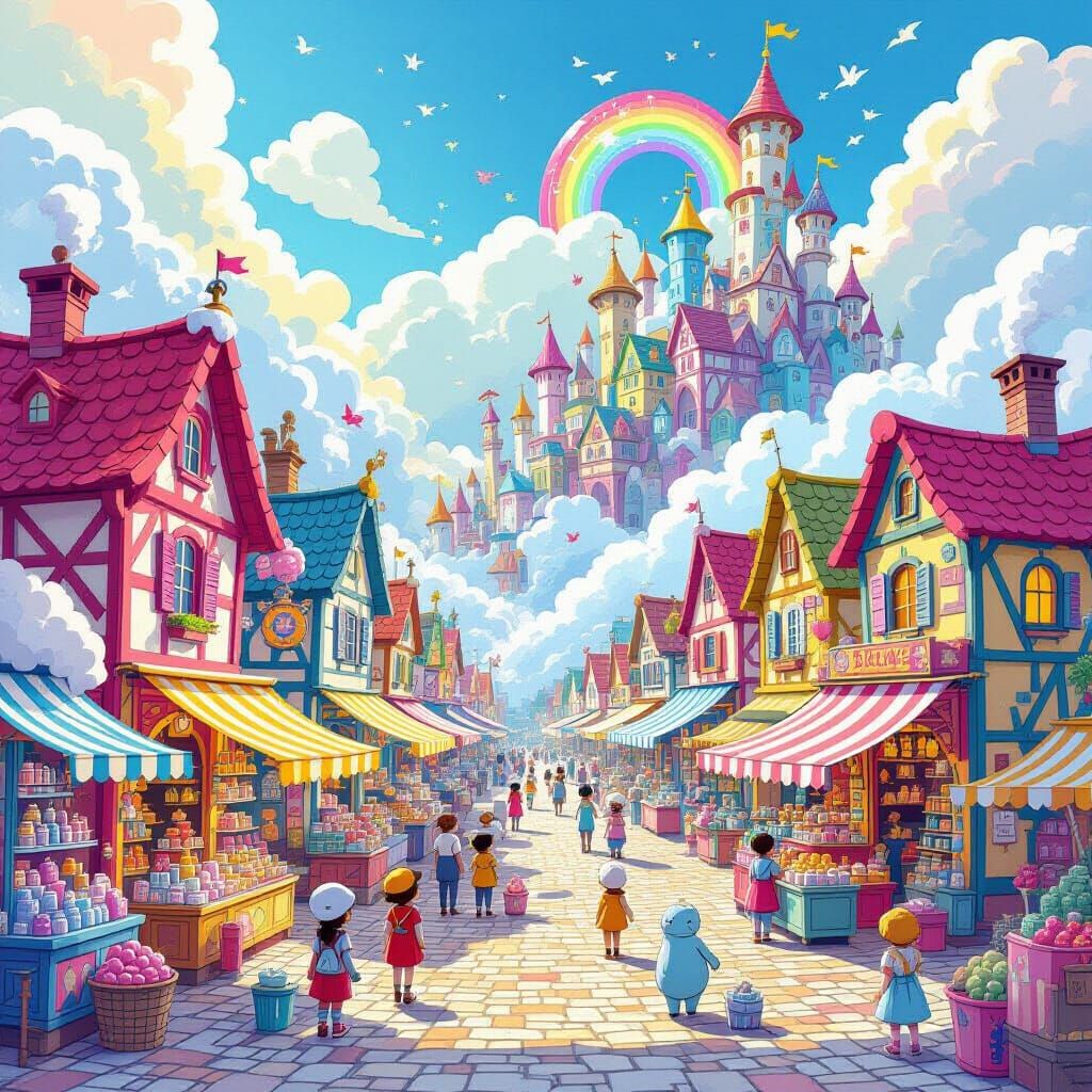 Cloud City Marketplace Selling Bottled Dreams, Cartoon Style