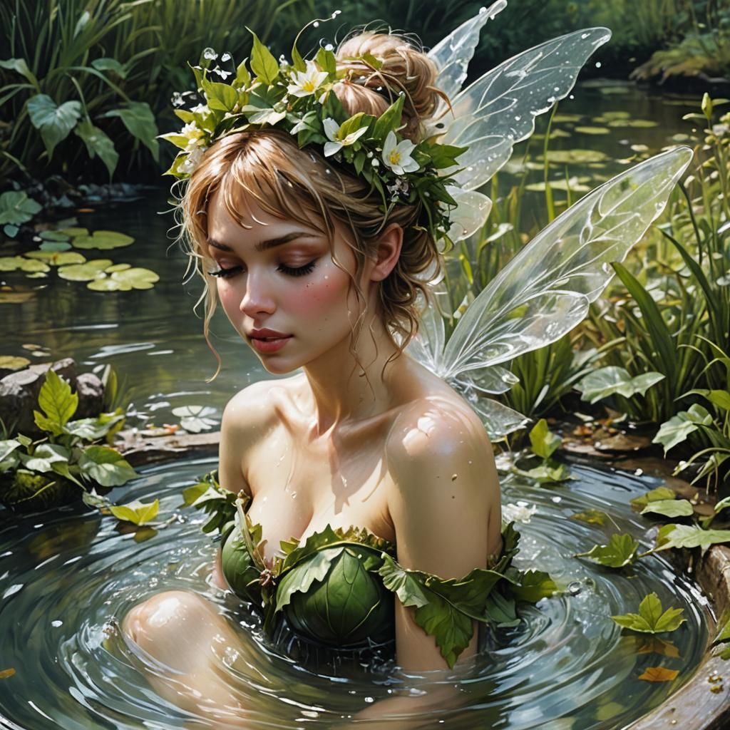 Tinkerbell's Celestial Bath: A Romantic Anime Painting