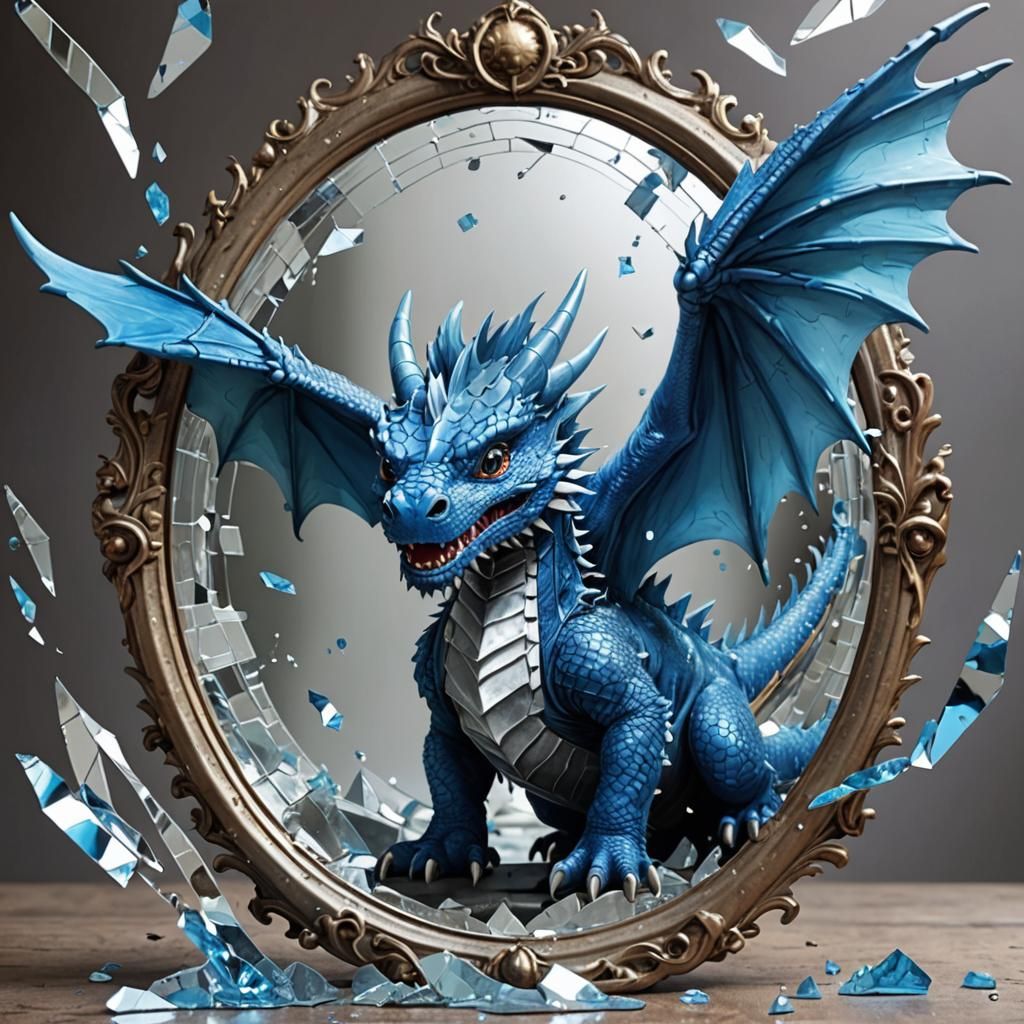 Blue Dragon Flying Through Shattered Mirror