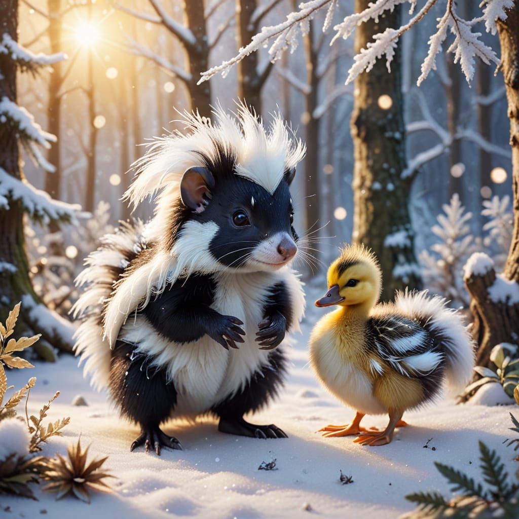 Adorable Christmas Skunk and Duckling in Magical Forest