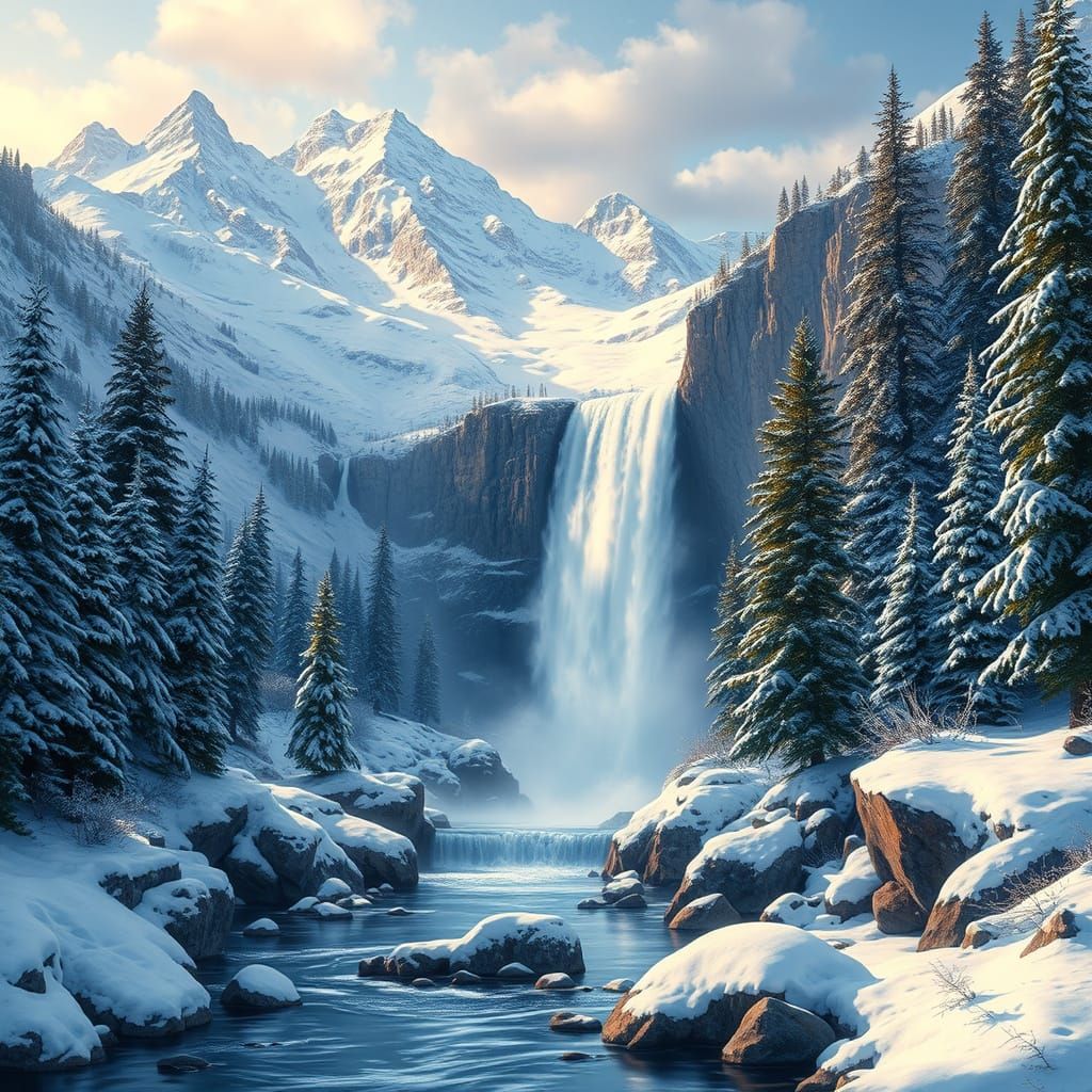 Winter Waterfalls in a Cozy Wilderness Scene
