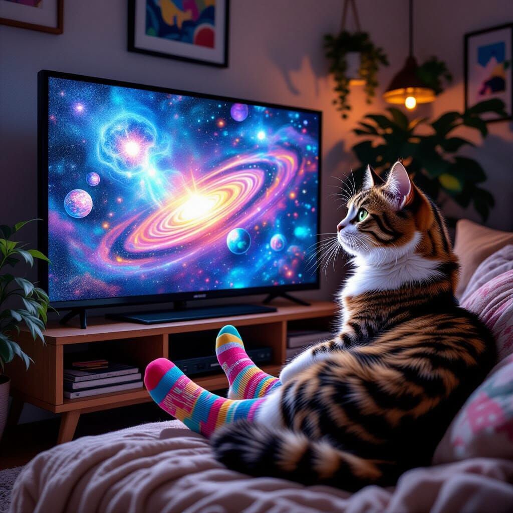 Cat Watches Cosmic TV in Pablo Amaringo Style