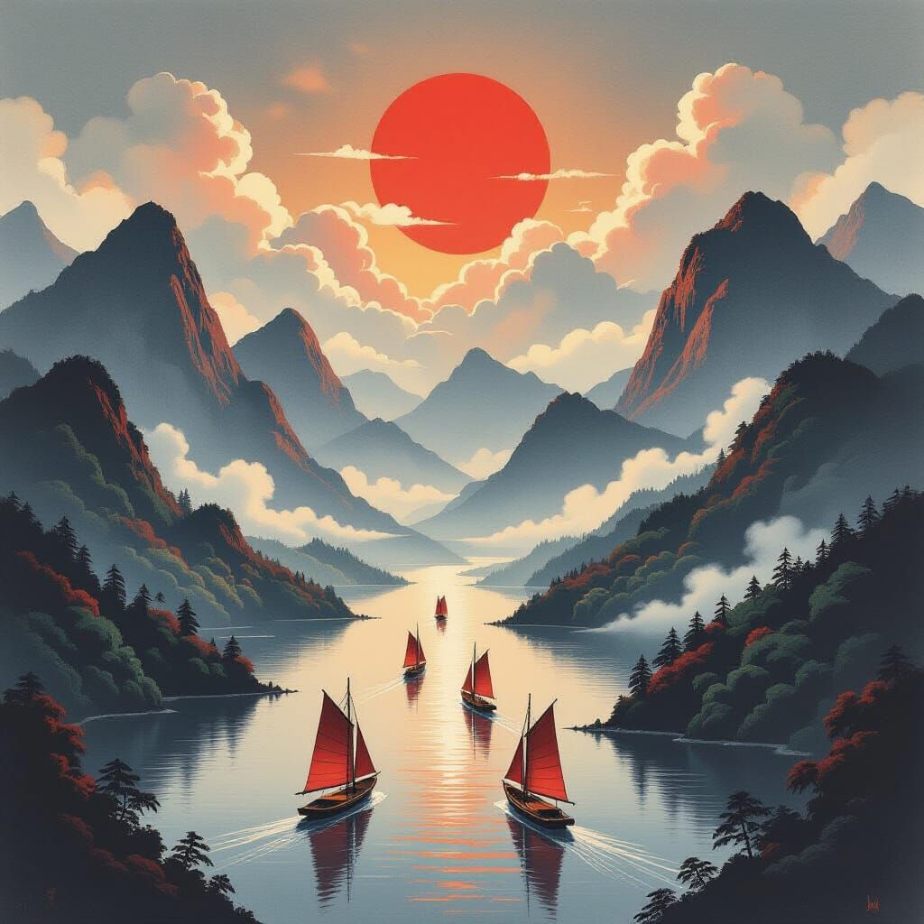 Serene Japanese Valley Charcoal Drawing with Sailboats