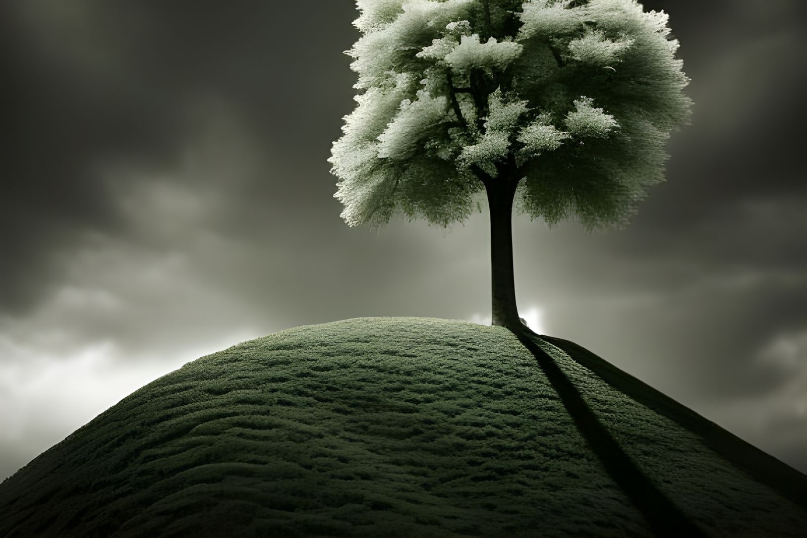 Monochrome Tree with Green Leaves, Photorealistic Art