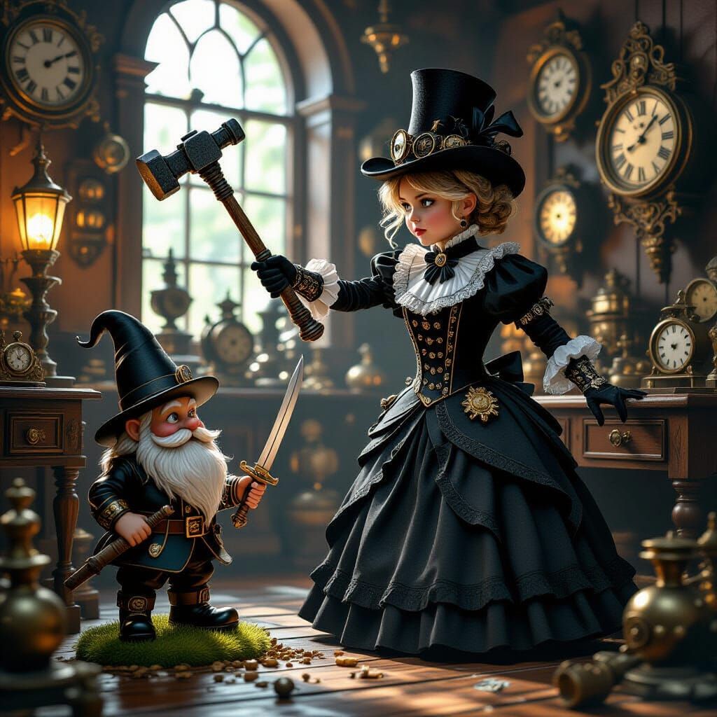 Steampunk Girl Fights Gnome Amidst Clocks and Cogs