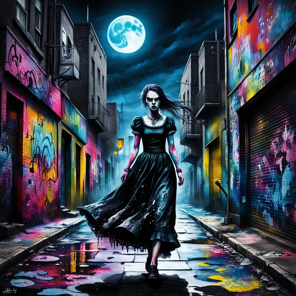 Gothic Woman in Moonlight Alley: Graffiti Street Art