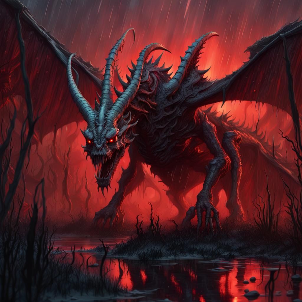 Skeletal Dragon Emerges from Swamp: Dark Fantasy Art