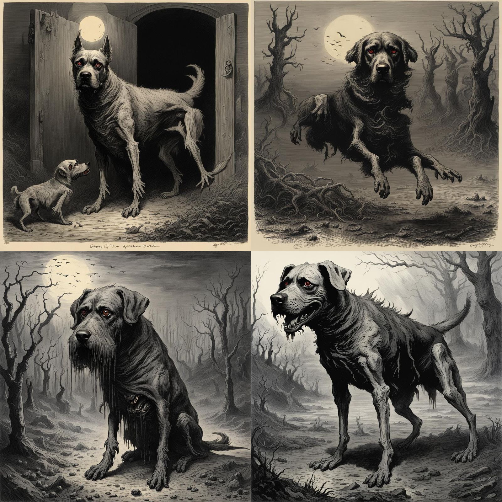 Creepy Dog in Horror Engraving Style