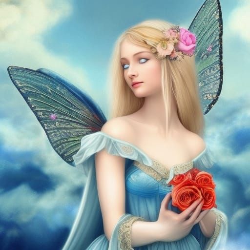 Blonde Fairy with Rose, Detailed Fantasy Art
