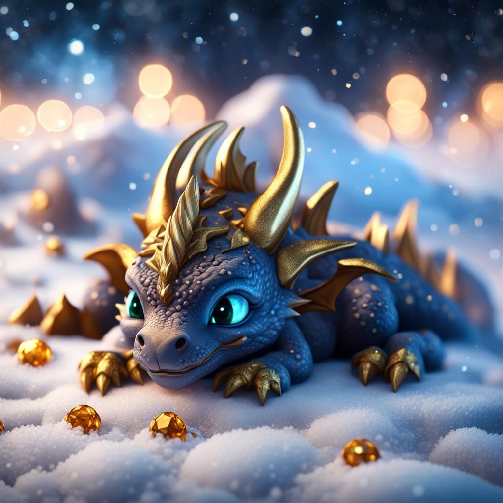 Hyper Realistic Cute baby dragon sleeping on the frozen surf...