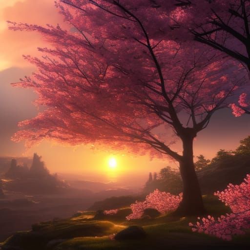Cherry Blossom Sunset Landscape in Detailed Matte Painting